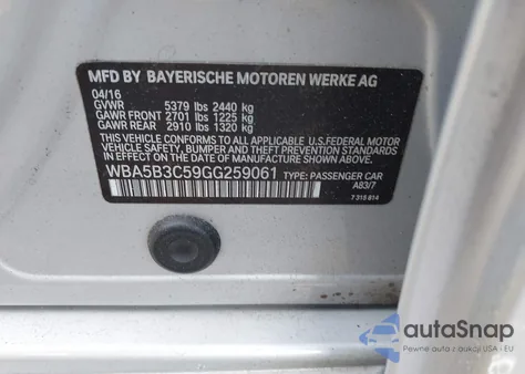 2016 BMW 535I xDrive из США, поврежденный, VIN WBA5B3C59GG259061